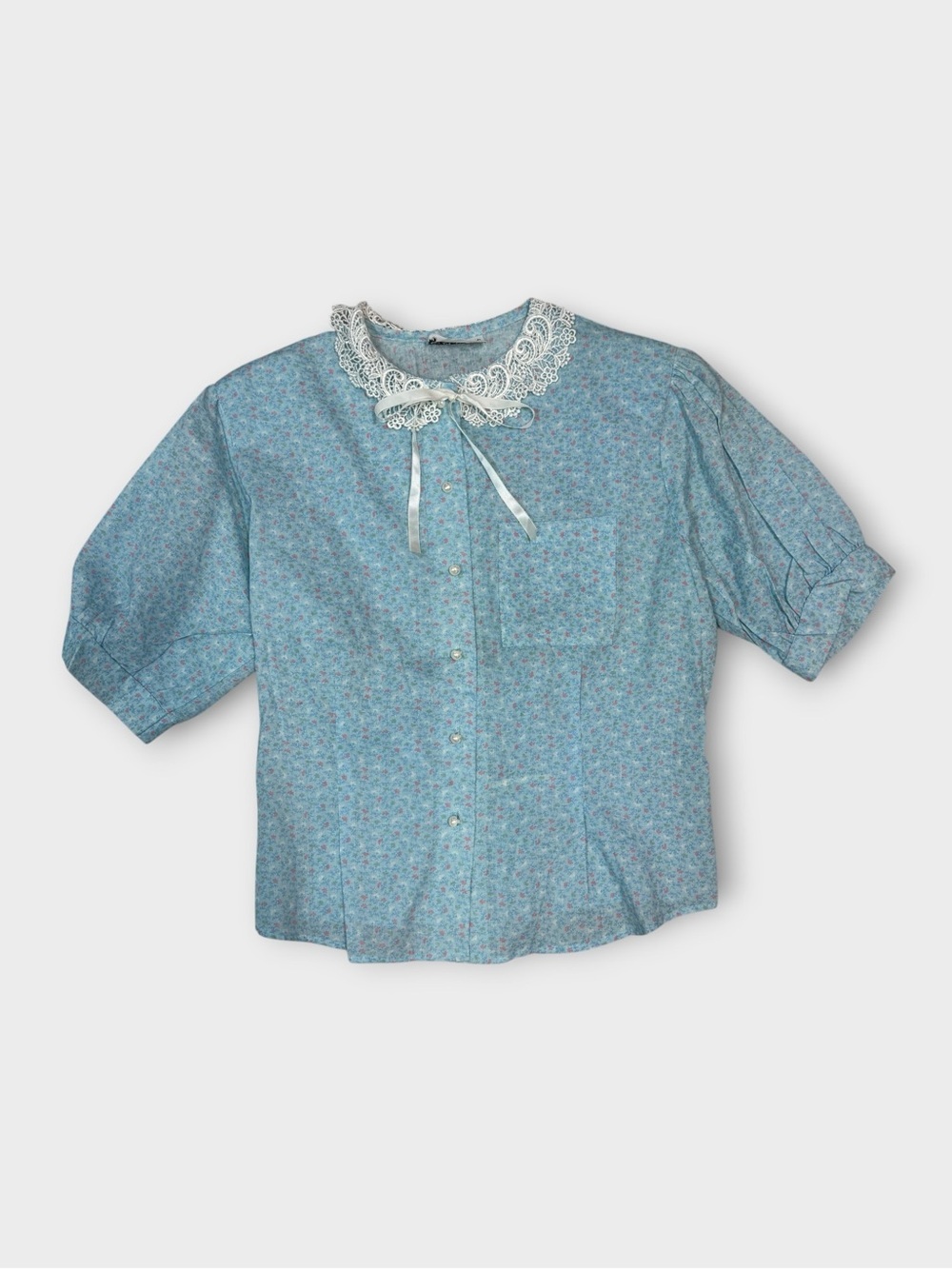 Vintage In Tune Ditsy Floral Lace Collar Blouse with Ribbon Bow